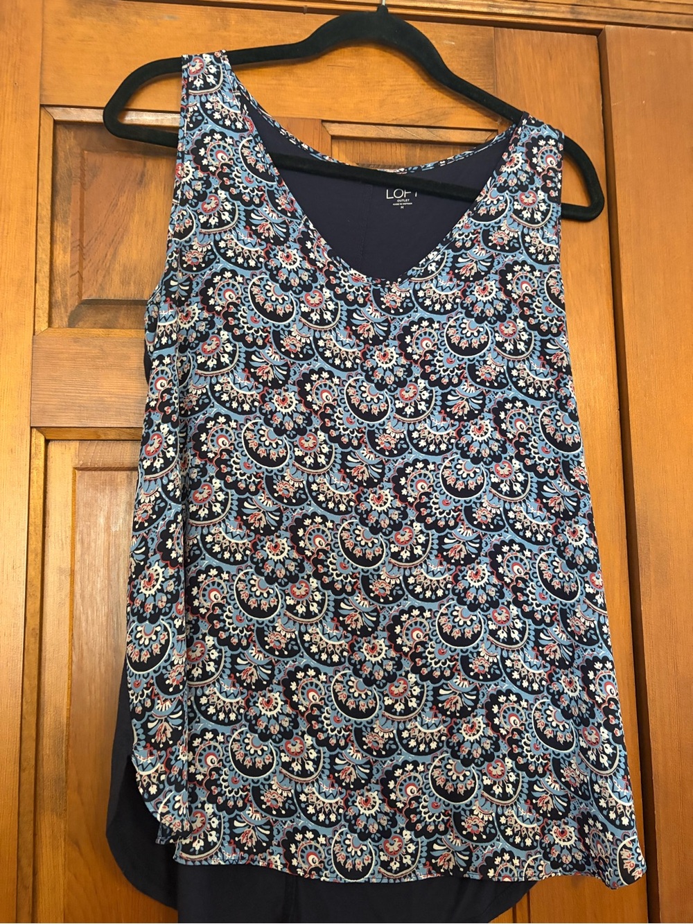 LOFT Navy Multicolor Floral Scallop-Print Sleeveless V-Neck Top